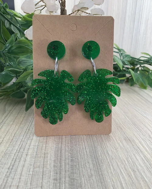 Monstera Green Leaf Glitter Earrings - Green Resin Earrings