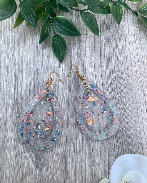 White Resin & Glitter Flakes - Fake Opal Dangle Earrings
