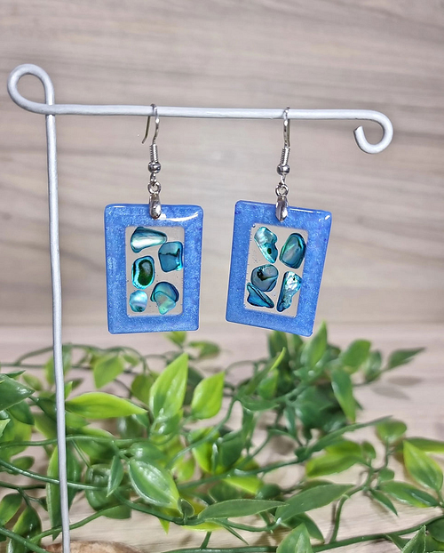 Blue Pāua Rectangle Earrings - Blue Resin Earrings