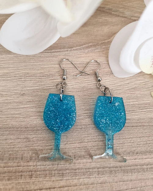 Blue Resin Glitter Wine Glass Resin Earrings