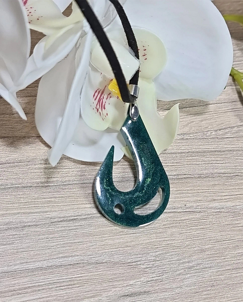 Green Fish Hook Double Sided Black Cord Resin Necklace Pendant
