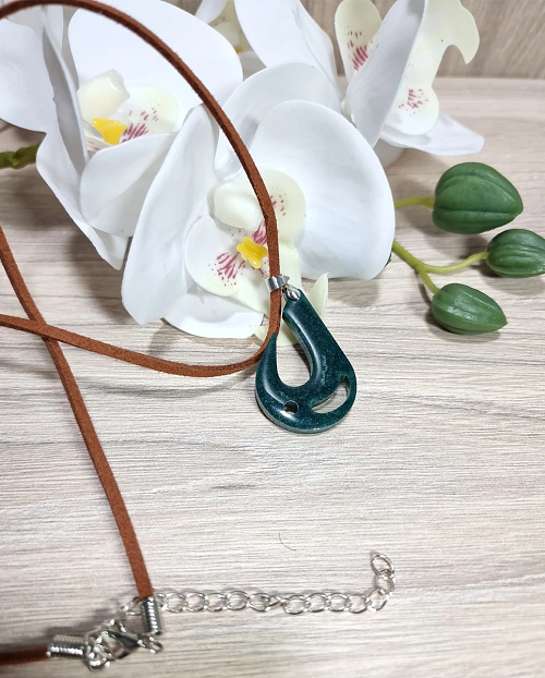 Green Fish Hook Double Sided Brown Cord Resin Necklace Pendant