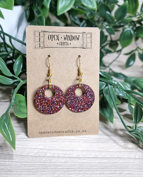 Round Red Glitter Resin Earrings