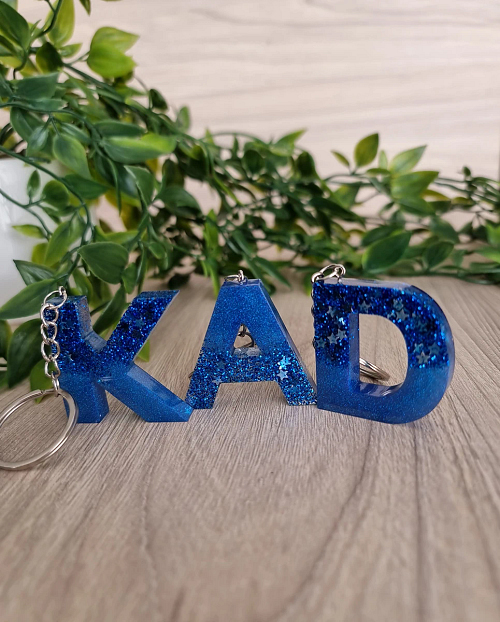 Blue Glitter Sliver Stars Resin Alphabet Key Ring