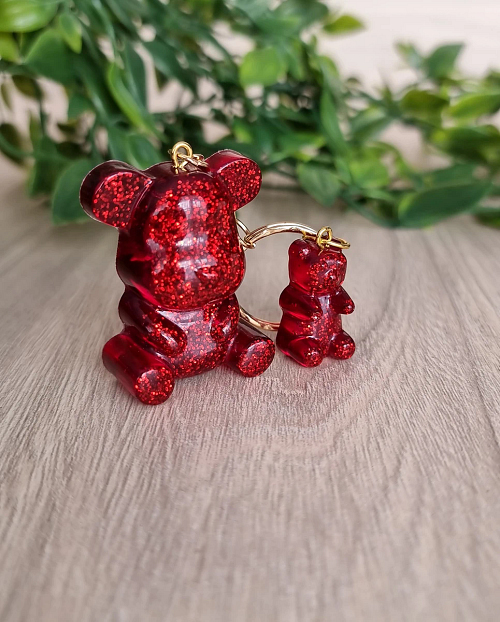 Red Glitter Bear Resin Key Ring Keychain