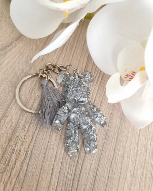 Silver Flake Resin Bear Key Ring