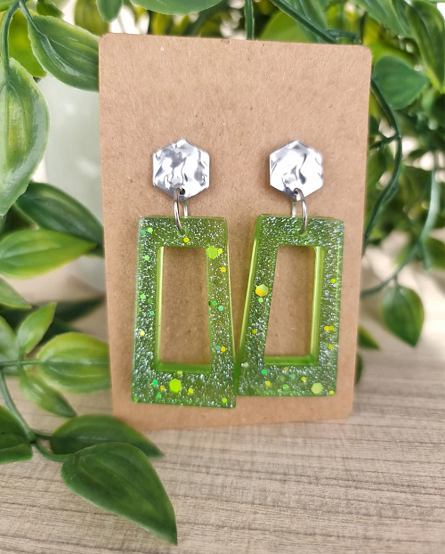 Glitter Green Rectangle Earrings - Green Resin Earrings