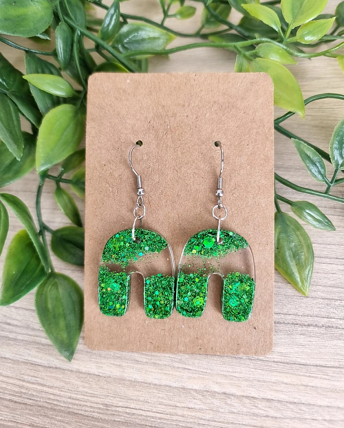 Green Glitter Sparkle Half Round - Green Resin Earrings