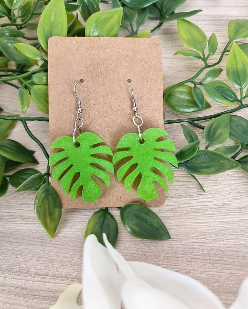 Green Monstera Leaf Earrings - Green Resin Earrings