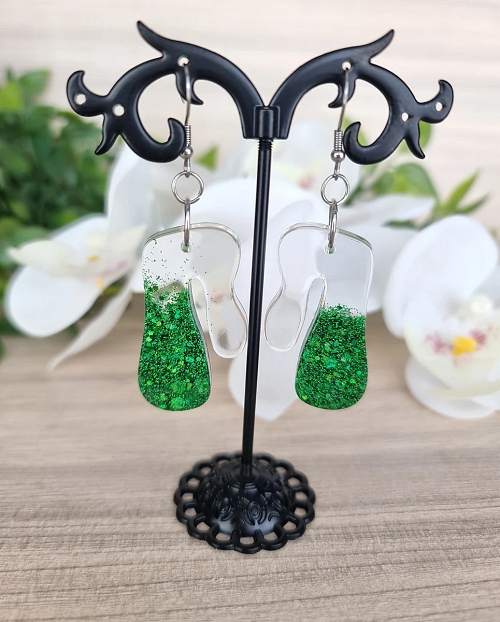 Clear Resin Green Glitter Earring - Green Resin Earrings