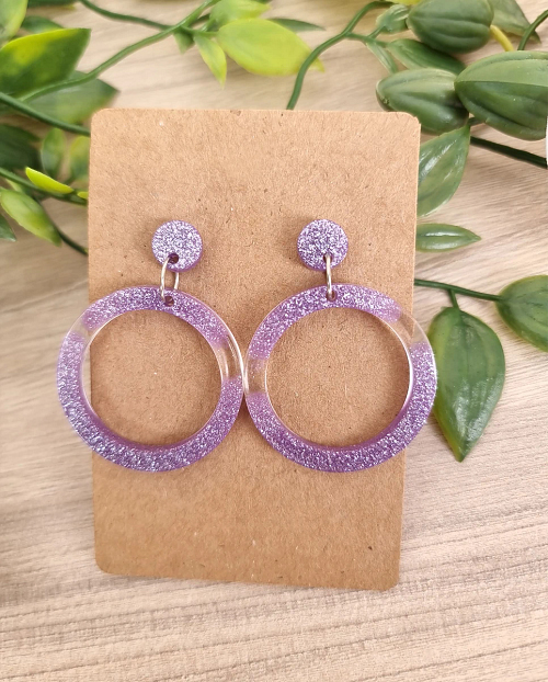 Round Purple Glitter Resin Stud Earring