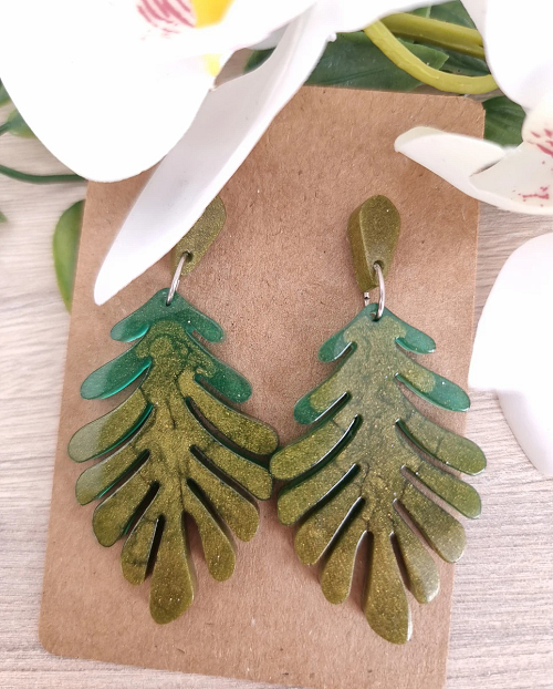 Coral Leaf Stud Resin Handmade Earrings