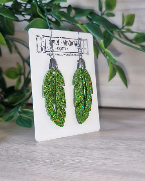 Green Glittery Feather Dangle Earrings - Green Resin Earrings