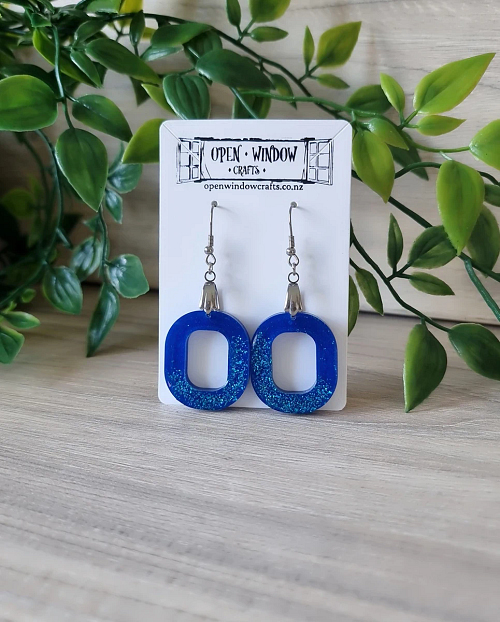 Blue Oval Glitter Dangle Earrings - Blue Resin Earrings