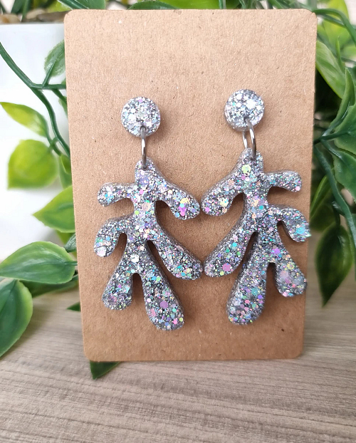 Silver Glitter Coral Shaped Earrings - Silver Resin Earrings
