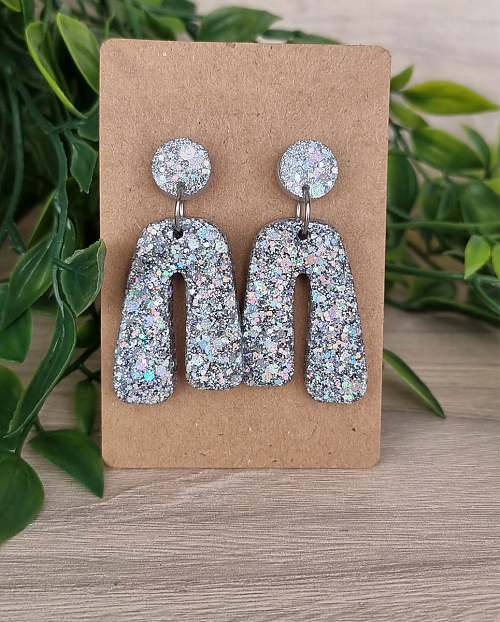 Silver Glitter Dangle Earrings - Silver Resin Earrings