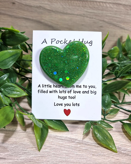 Green Glitter Heart Resin Pocket Hug