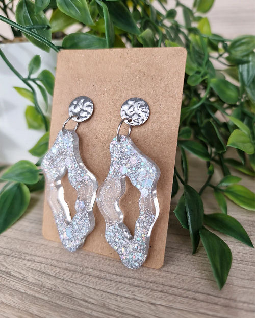 Irregular Silver Glitter Clear Resin Stud Dangle Earrings