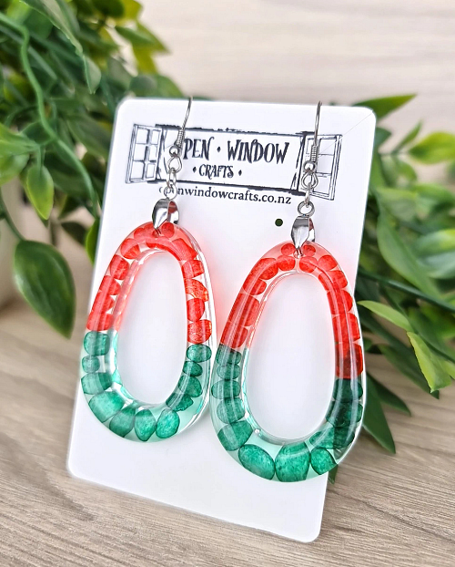Green Red Stone & Resin Handmade Christmas Earrings