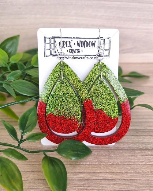 Large Red Green Glitter Resin Dangle Christmas Earrings