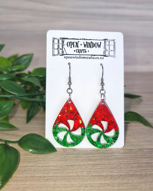 Christmas Fan Tear Drop Red Green Resin Christmas Earrings