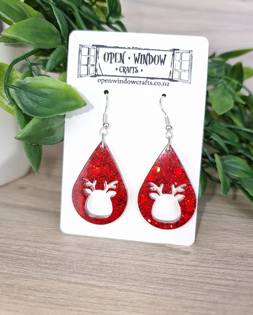 Reindeer Red Glitter Christmas Resin Earrings