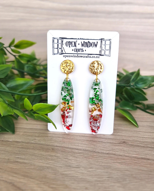 Red Green Gold Flake Christmas Resin Earrings