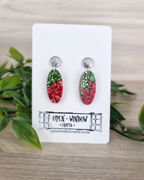 Red Green Glass Chips Christmas Earrings Small - Green Resin Earrings