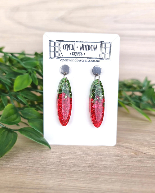 Red Green Glass Chips Christmas Earrings Large - Green Resin Earrings