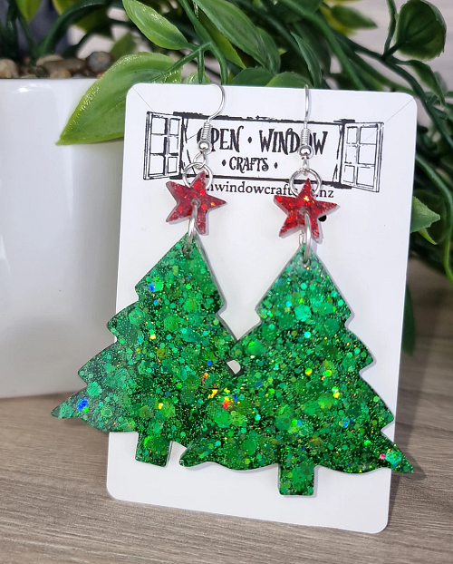 Large Christmas Tree Green Glitter Earrings - Green Resin Earrings