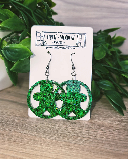 Green Glitter Ginger Bread Man Christmas Earrings - Green Resin Earrings