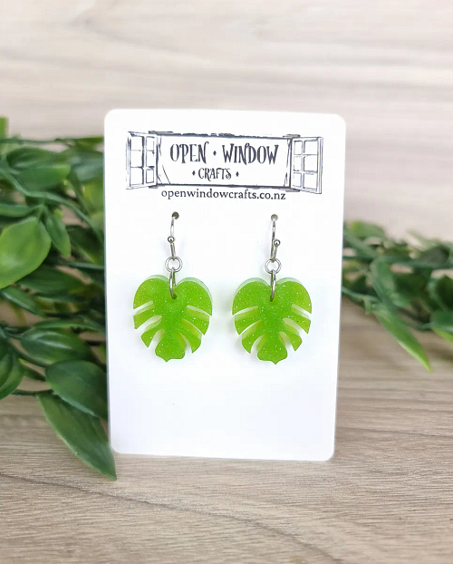 Small Green Monstera Leaf Earrings - Green Resin Earrings