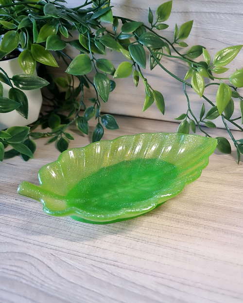 Sliver Glitter Green Leaf Resin Trinket Tray