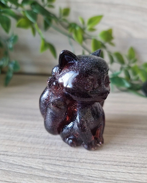 Nine Tail Fox Semi-Translucent Fine Silver Glitter Dark Amber Resin Figurine
