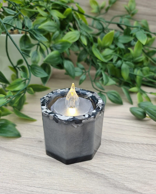 Grey Terrazzo Battery Powered Tealight Resin Candle Holder - Small Resin Holder