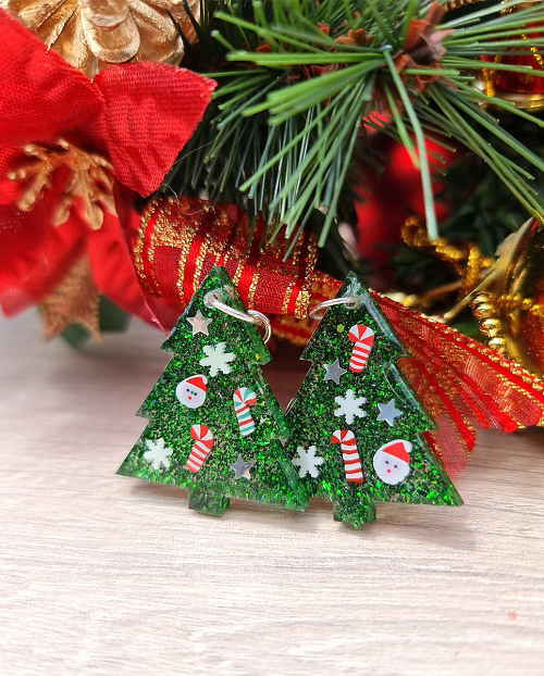 Christmas Tree Green Glitter Earrings - Green Resin Earrings