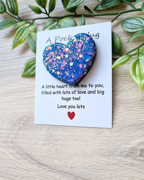 Colorful Pink Blue Glitter Resin Heart Pocket Hug