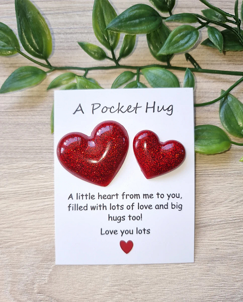 Set of 2 Red Glitter Resin Heart Pocket Hugs