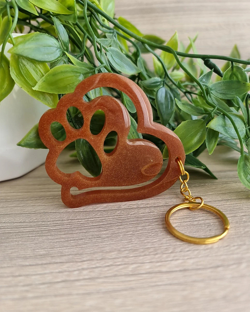 Love Heart Dog Paw Bronze Gold Glitter Shimmer Resin Keychain