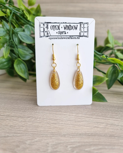 Gold Glitter Small Tear Drop Resin Earrings