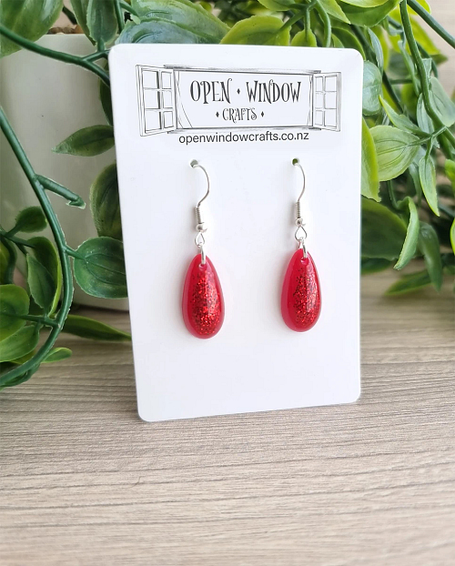 Red Glitter Small Tear Drop Resin Earrings