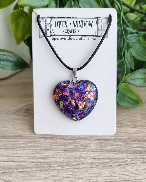 Red - Purple Tones Glitter Resin Heart Pendant Black Cord