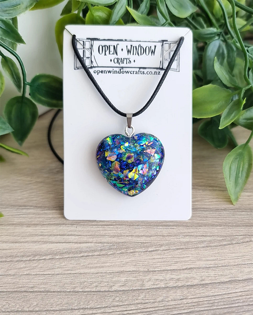 Blue - Green Tones Glitter Resin Heart Pendant Black Cord
