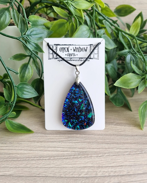 Green Blue Glitter Flake Resin Necklace