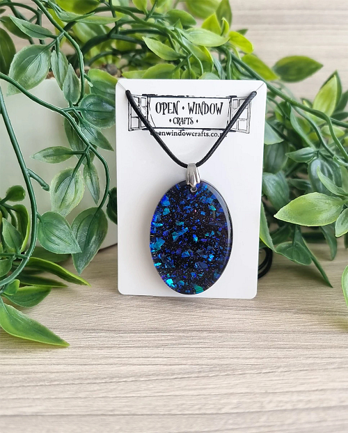 Blue Green Oval Glitter Flake Resin Necklace