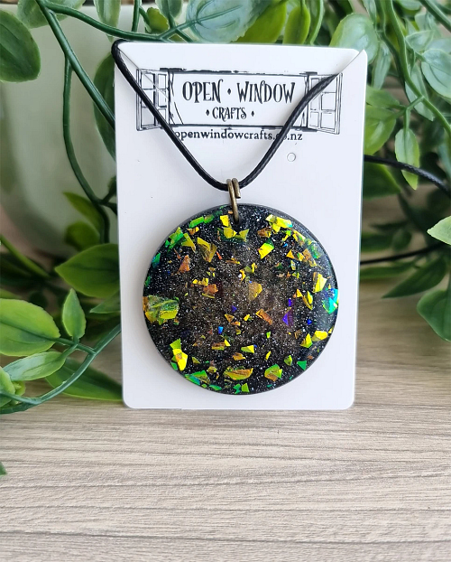 Glitter Galaxy Green / Yellow Resin Necklace Pendant