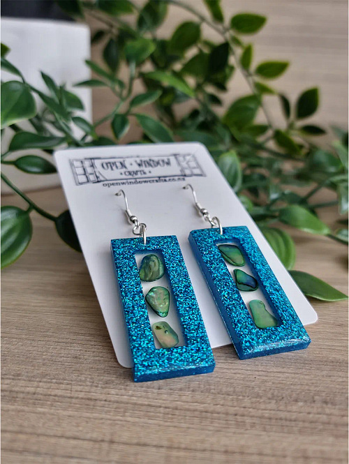 Blue Shimmer Glitter And Paua Dangle Stud Earrings (3)