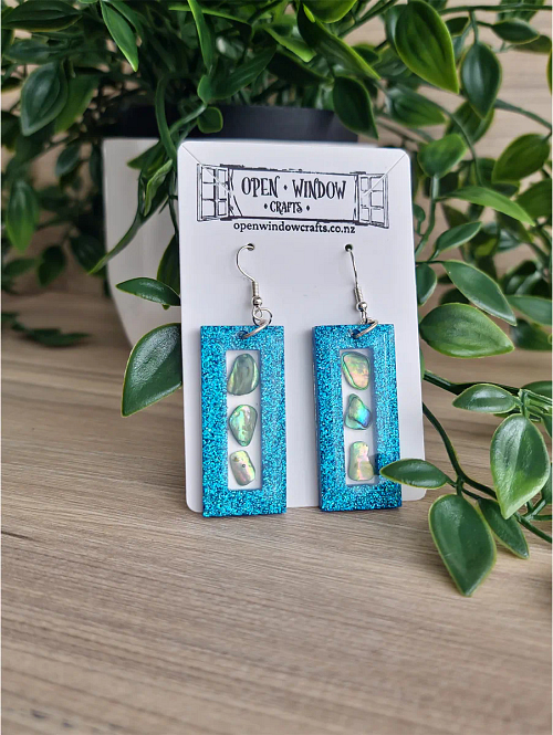Blue Shimmer Glitter And Pāua Dangle Earrings - Blue Resin Earrings