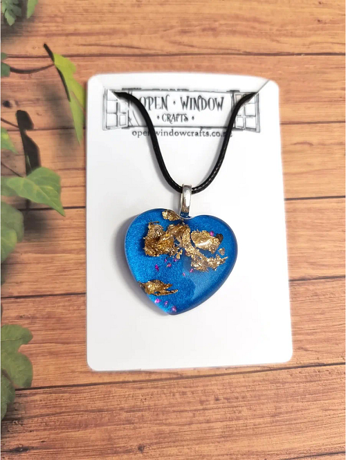 Blue Glitter Heart Gold Flake Necklace Jewellery Handmade Jewellery NZ