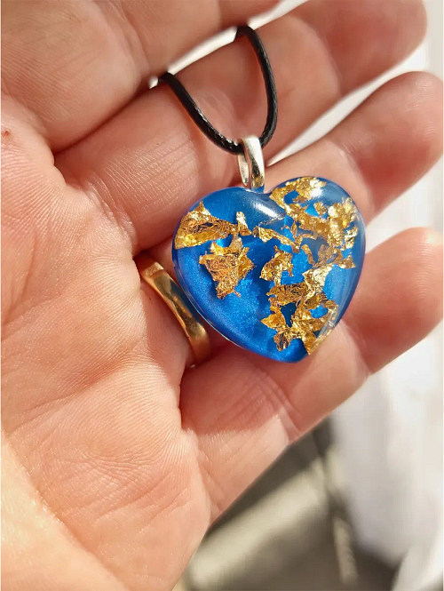 Blue Glitter Heart Gold Flake Necklace Jewellery Handmade Jewellery NZ